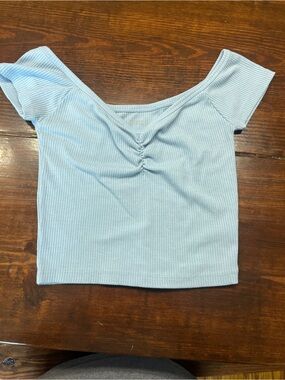 American Eagle Outfitters Light Blue Ribbed Off-Shoulder Crop Top